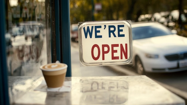 Photo sign hanging on window with words were open business concept