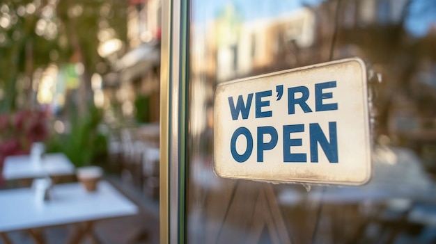 Photo sign hanging on window with words were open business concept