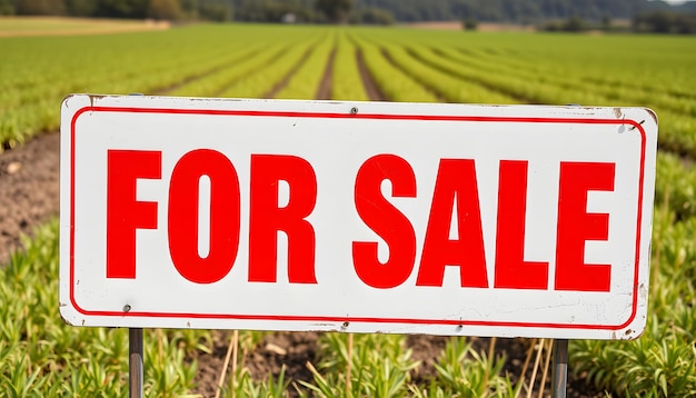 Photo a sign is in front of the agricultural field for sale red text isolated with white highlights