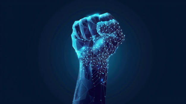 Photo sign language s letter raised up clenched fist gesture polygonal space low poly style deaf people silent communication connection wireframe raster on dark blue background