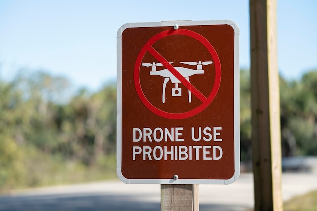 Sign prohibiting use of quadcopters in national park no drone area Warning notice for using UAV