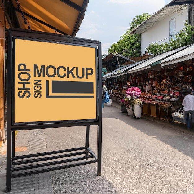 sign shop mockup with black frame infront the traditional market beside street