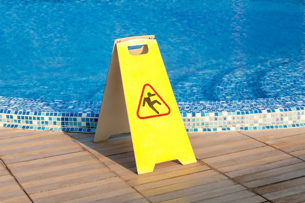 Sign slippery floor by the pool, pool slippery floor