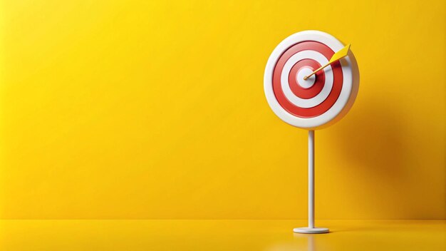 Photo sign stand with an arrow in the target on a yellow background hit exactly on center tactics of advertising targeting advertise campaigns goal achievement and purposefulness