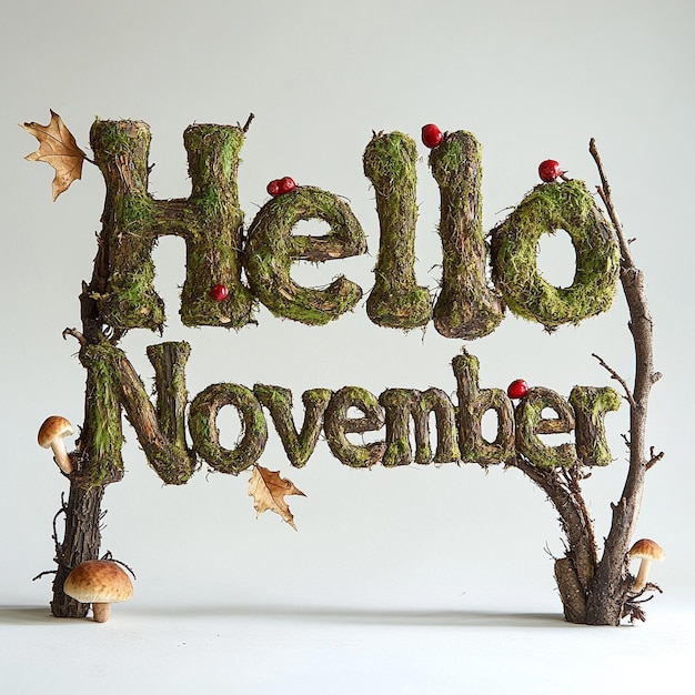 Photo a sign that says hello november is written in the shape of a leaf