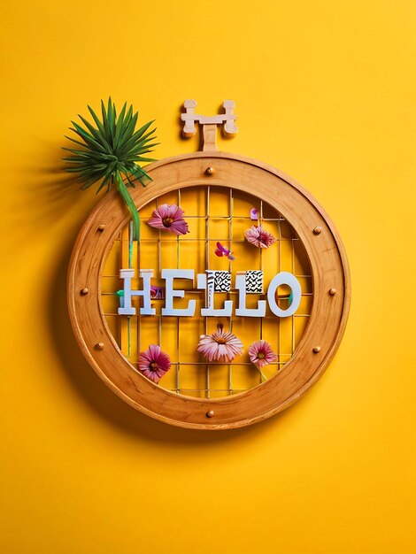 Photo sign that says hello summer is on a yellow background