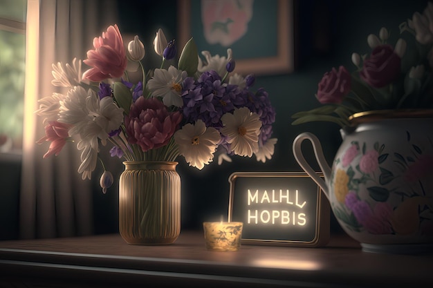 A sign that says mah hopis sits on a table next to a vase of flowers.