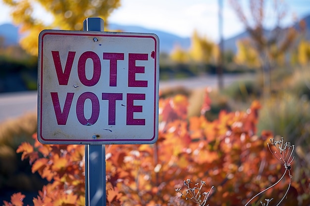 a sign that says vote in red on it