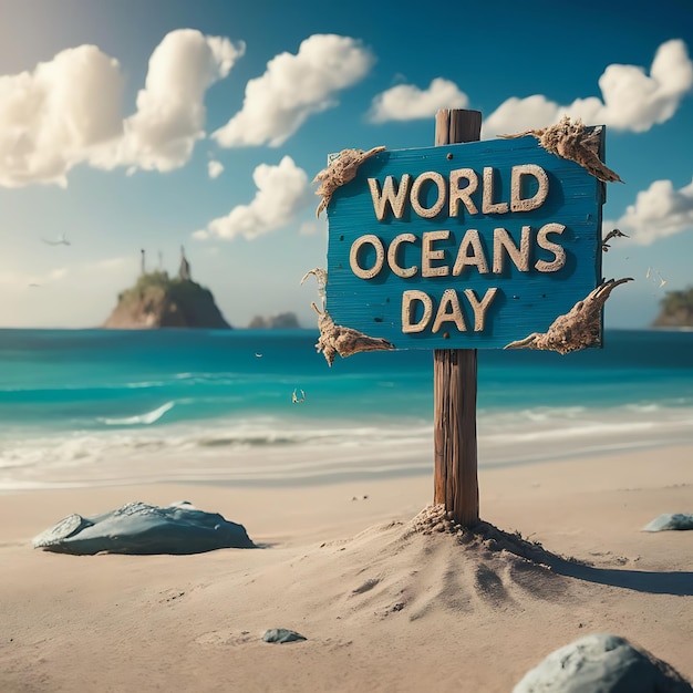 a sign that says world oceans day on a beach