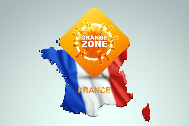 Photo sign with the inscription orange zone on the background of a map of france with the french flag. orange danger level, coronavirus, lockdown, quarantine, virus. 3d render, 3d illustration.