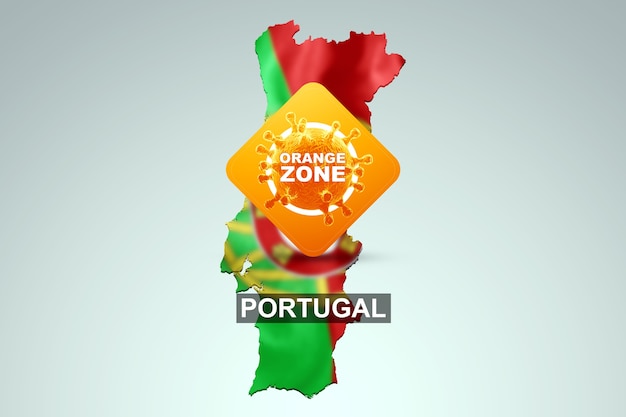 A sign with the inscription orange zone on the background of a map of Portugal with the Portuguese flag. Orange danger level, coronavirus, lockdown, quarantine, virus. 3d render, 3D illustration.