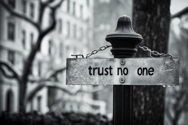 Sign with inscription trust no one attached to metal post with chain blurred background