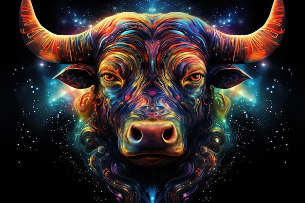 Sign of the zodiac Taurus in vibrant holographic colors Embodying strength and mysticism with a touch of surrealism Astrological sign bull Horoscope Generative AI