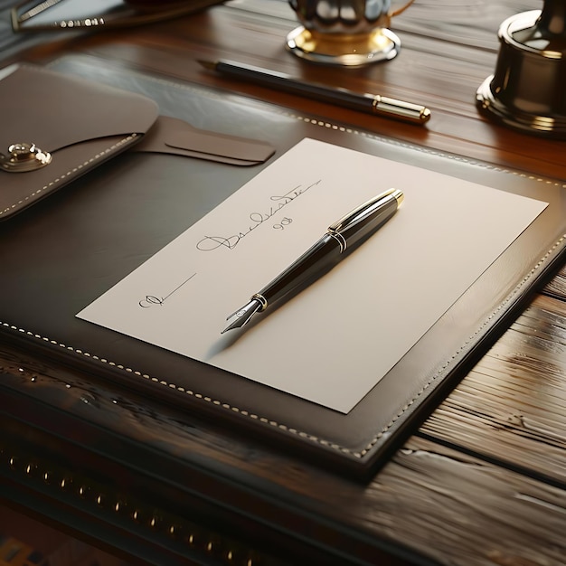 Signature on Blank Paper with Gold Pen and Leather Desk Mat 3D Illustration