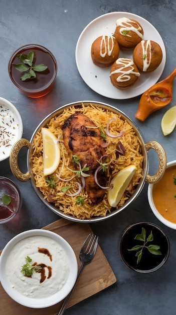 Photo signature classic combo indian food butter chicken biryani or murgh makhani biryani with rta shami