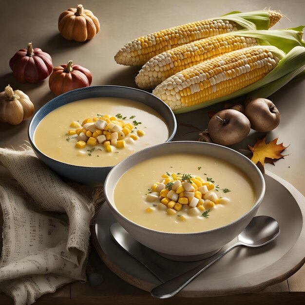 signature Corn Chowder a velvety blend of sweet corn potatoes and savory herbs ai generative