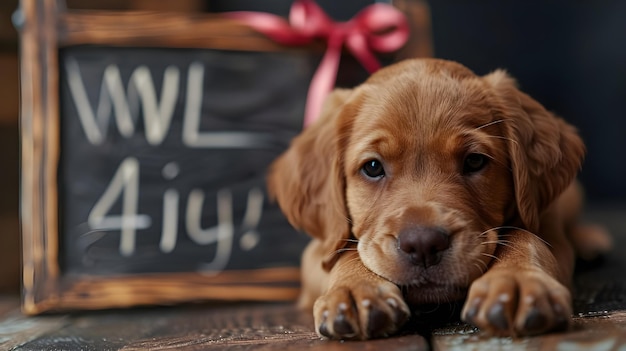 Signboard with the inscription We will be closed for the 4th of July Cute brown puppy Closeup