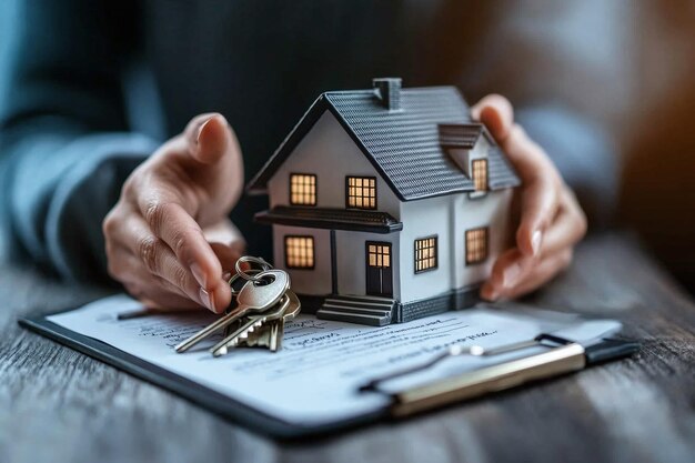 Photo signing a home purchase contract with keys and house model capturing the moment of new home owners