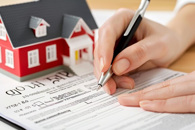 Signing Mortgage Documents for New Home Ownership with Red Model House in Background