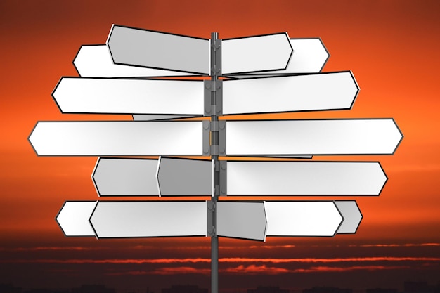 Signpost with white arrows sunset sky in background 3D illustration