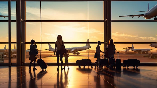 Sihouette of young family at airport terminal boarding gate looking at airplane flyingGenerative Ai