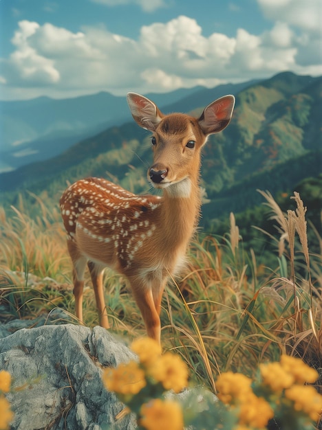 Photo sika deer blue sky and white clouds beautiful mountains and rivers