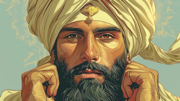 Sikh man tying a turban with traditional attire and a serene expression Cartoon illustrations vectors Generative AI