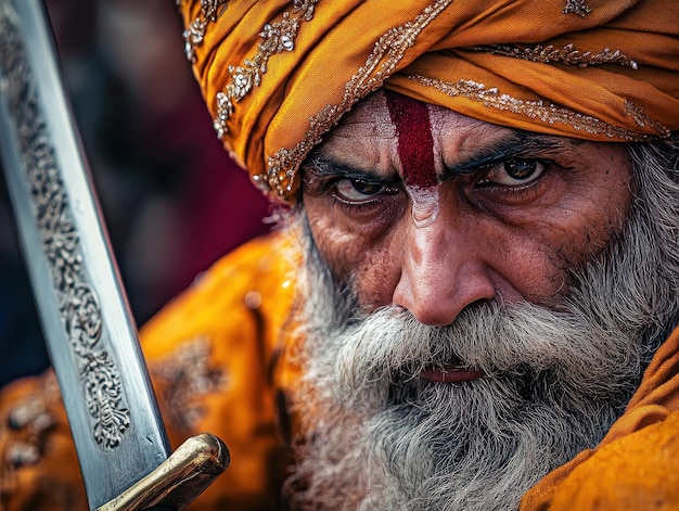 Photo sikh warrior holding sword during religious festival