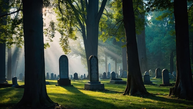 Photo silent cemetery with old headstones and tall whispering trees in the peaceful morning light