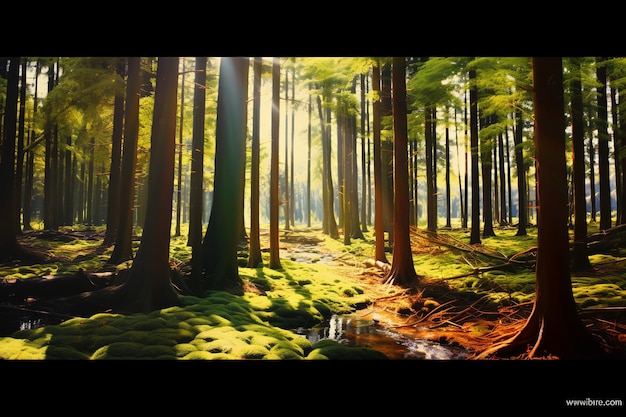 Silent Forest in spring with beautiful bright sun rays generative ai