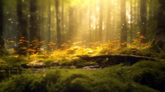 Silent Forest in spring with beautiful bright sun rays Generative AI