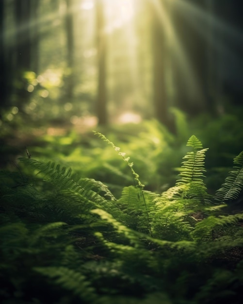 Silent Forest in spring with beautiful bright sun rays Generative AI