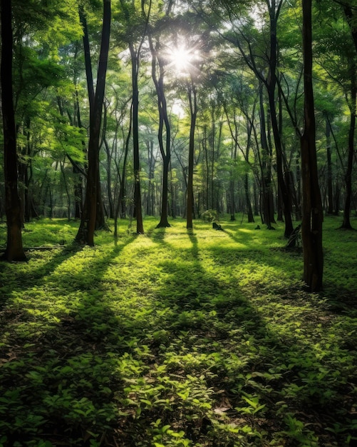 Silent Forest in spring with beautiful bright sun rays Generative AI