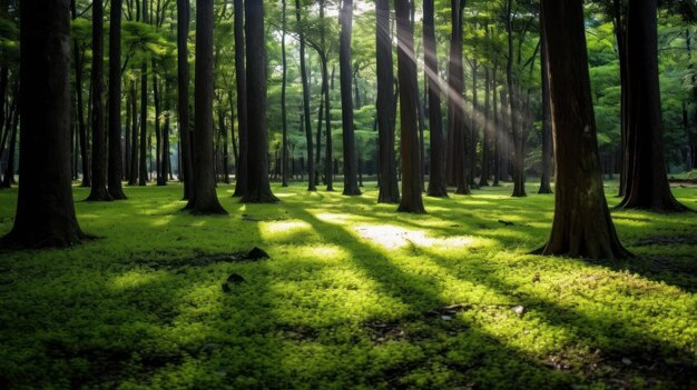 Silent Forest in spring with beautiful bright sun rays Generative AI