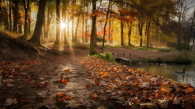 Silent Forest in spring with beautiful bright sun rays