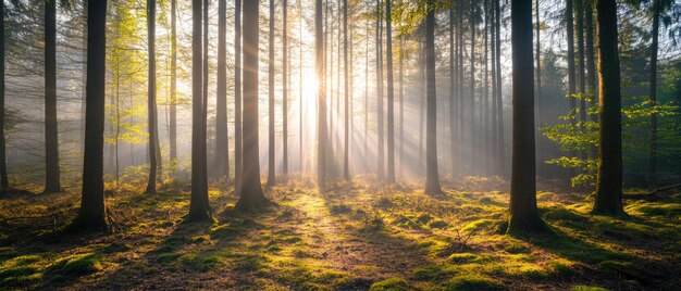 Photo silent forest in spring with beautiful bright sun rays