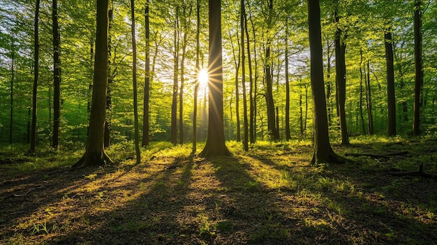 Silent Forest in spring with beautiful bright sun rays