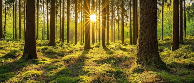 Silent Forest in spring with beautiful bright sun rays