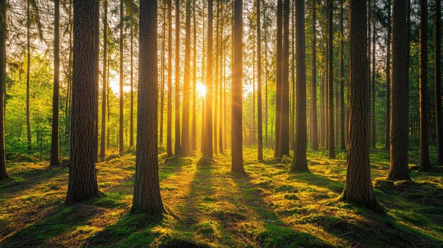 Silent Forest in spring with beautiful bright sun rays