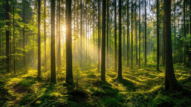 Silent Forest in spring with beautiful bright sun rays