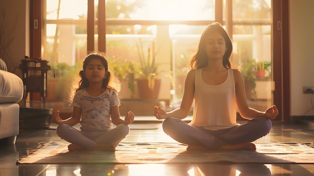 Silent Indian woman and preschooler 5s serene daughter meditating seated in lotus po Generative AI