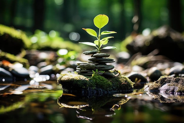 Silent meditation in the serene Jardim Zen Creek Stones Bonsai Harmony generative IA