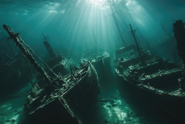 Silent Sentinels A haunting underwater graveyard of ancient ships their skeletal remains bathed in ethereal light