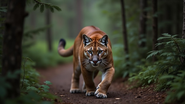 Silent Stalker Cougar on the Prowl in Lush Forest