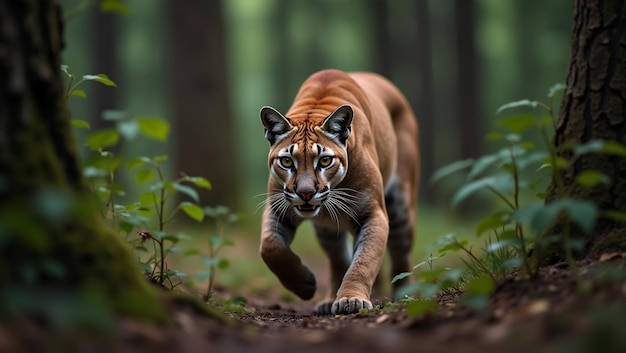 Photo silent stalker cougar on the prowl in lush forest