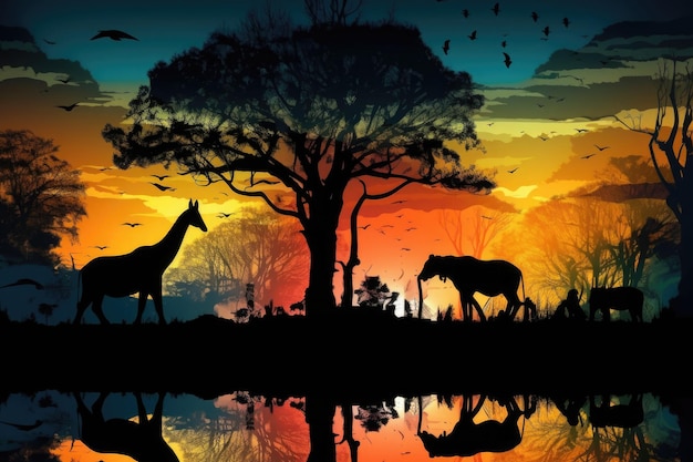 Silhouette of african animals Giraffe at sunset near trees Generative AI