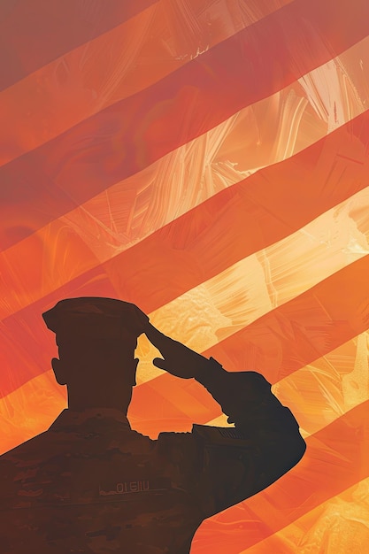 Silhouette of American soldier saluting against backdrop of large flag