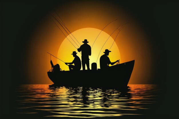 Silhouette of anglers with fishing rod on vessel and vast moon in the background Fantasy concept Illustration painting Generative AI