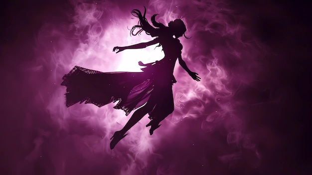 A silhouette of an anime girl in a dark purple dress flying Generative AI illustration