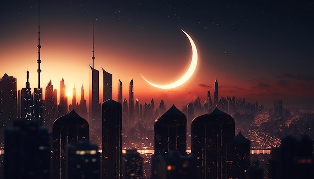 Silhouette of arabian city at night with a crescent moon Ramadan Kareem Generative AI